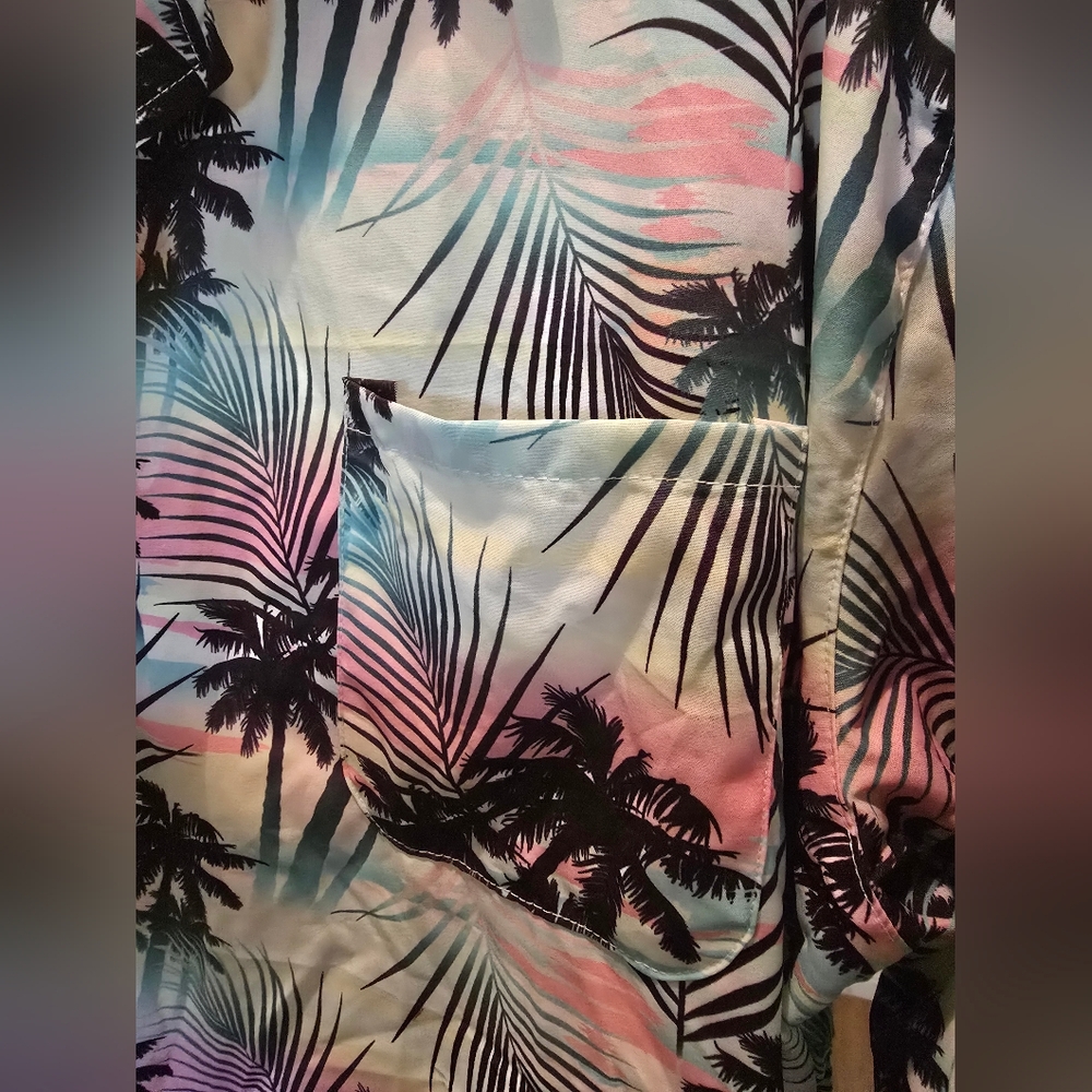 Men's Tropical Palm Short-Sleeve Shirt - Pastel Pink & Mint - Picture 6 of 8